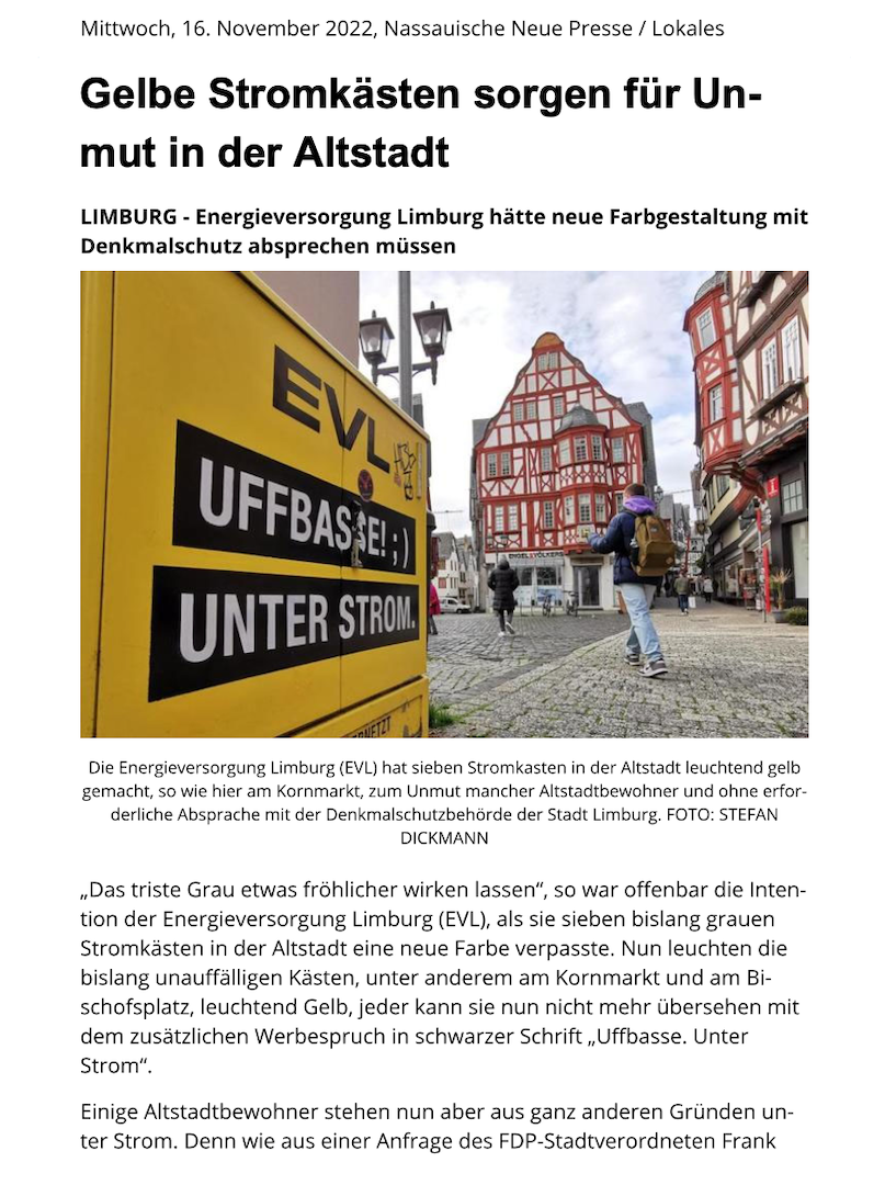 Pressebericht der NNP: Gelbe Stromkästen sorgen für Unmut in der Altstadt