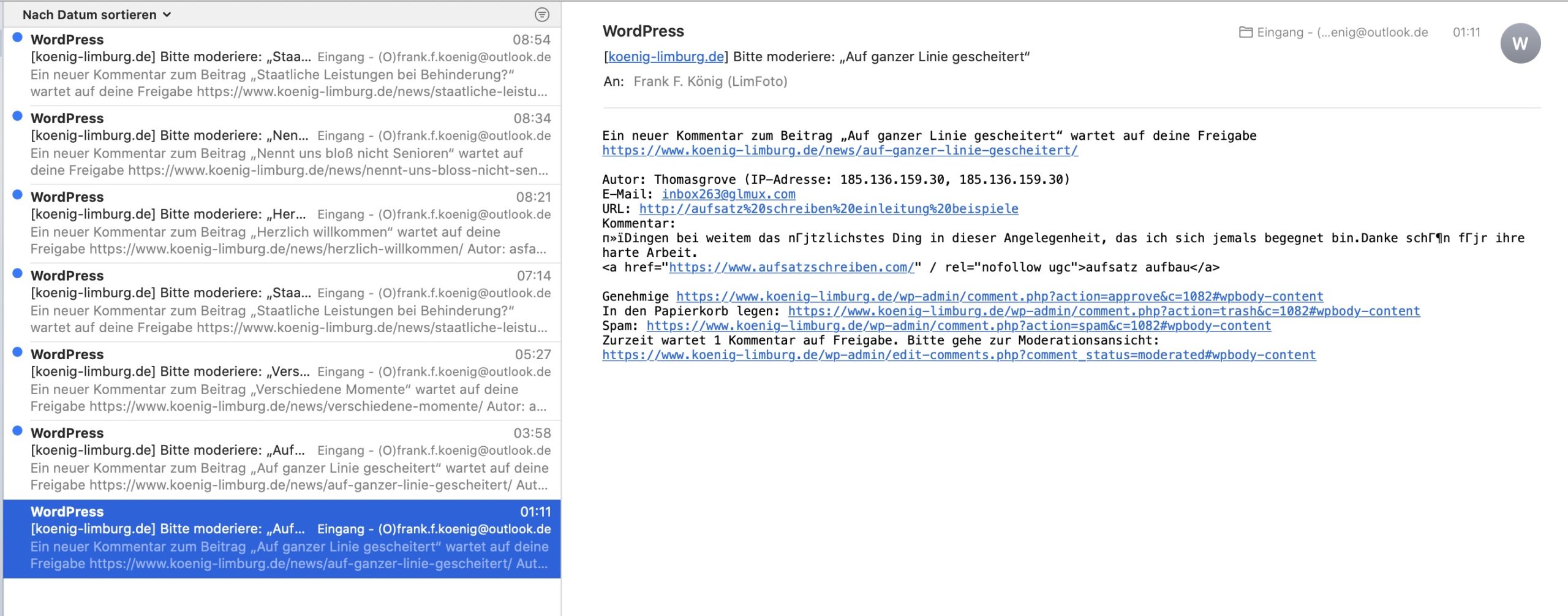 Unerwünschter Kommentar Spam im Blog